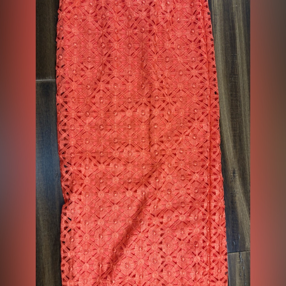 size S Orange Lace Dress Full Length Sleeveless Halter V Neck Fitted - Picture 8 of 13